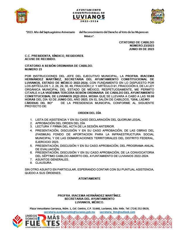 CITATORIO A SESIÓN ORDINARIA DE CABILDO. NÚMERO 23